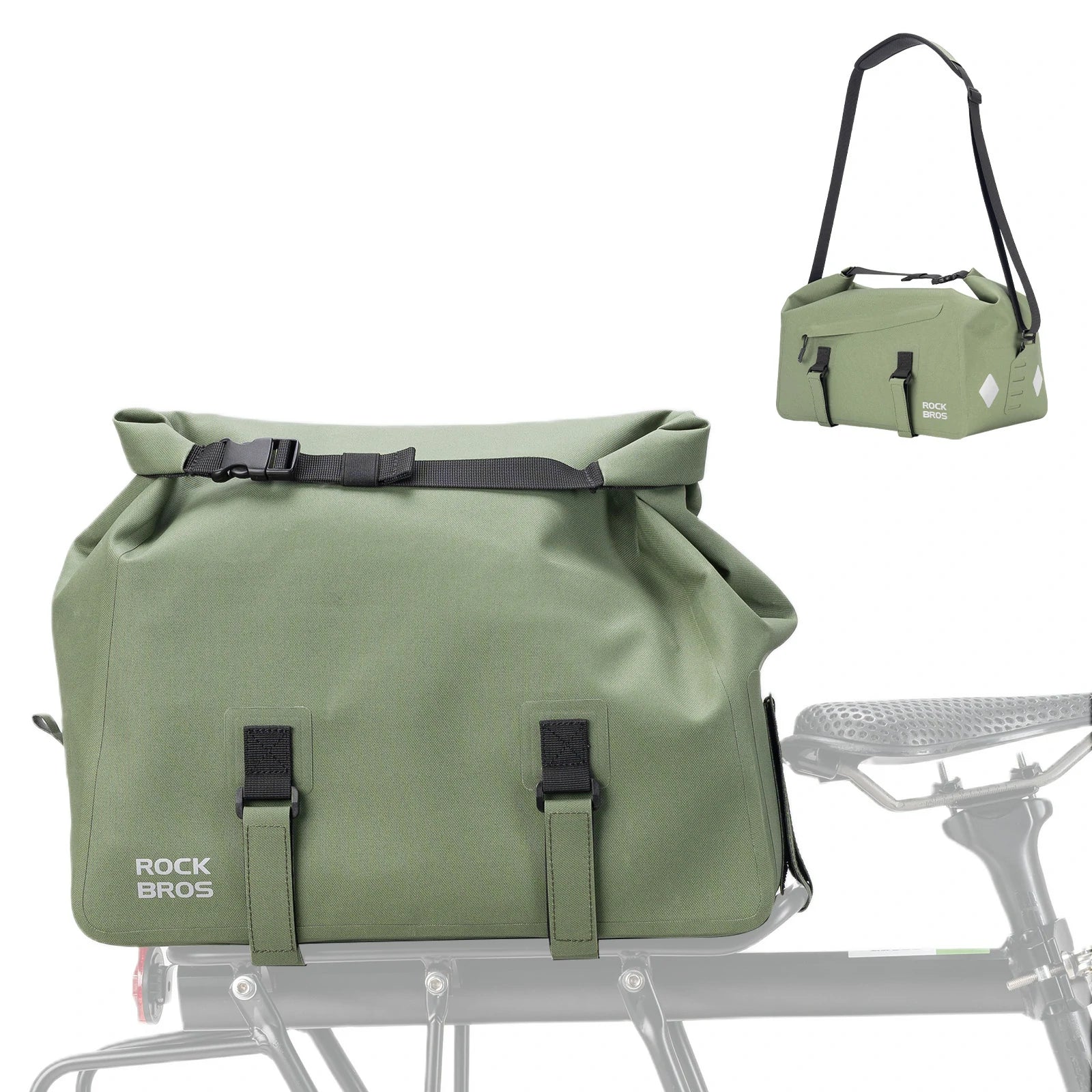 ROCKBROS bike rear rack bag waterproof rolltop expandable 16 l#Color_Army Green