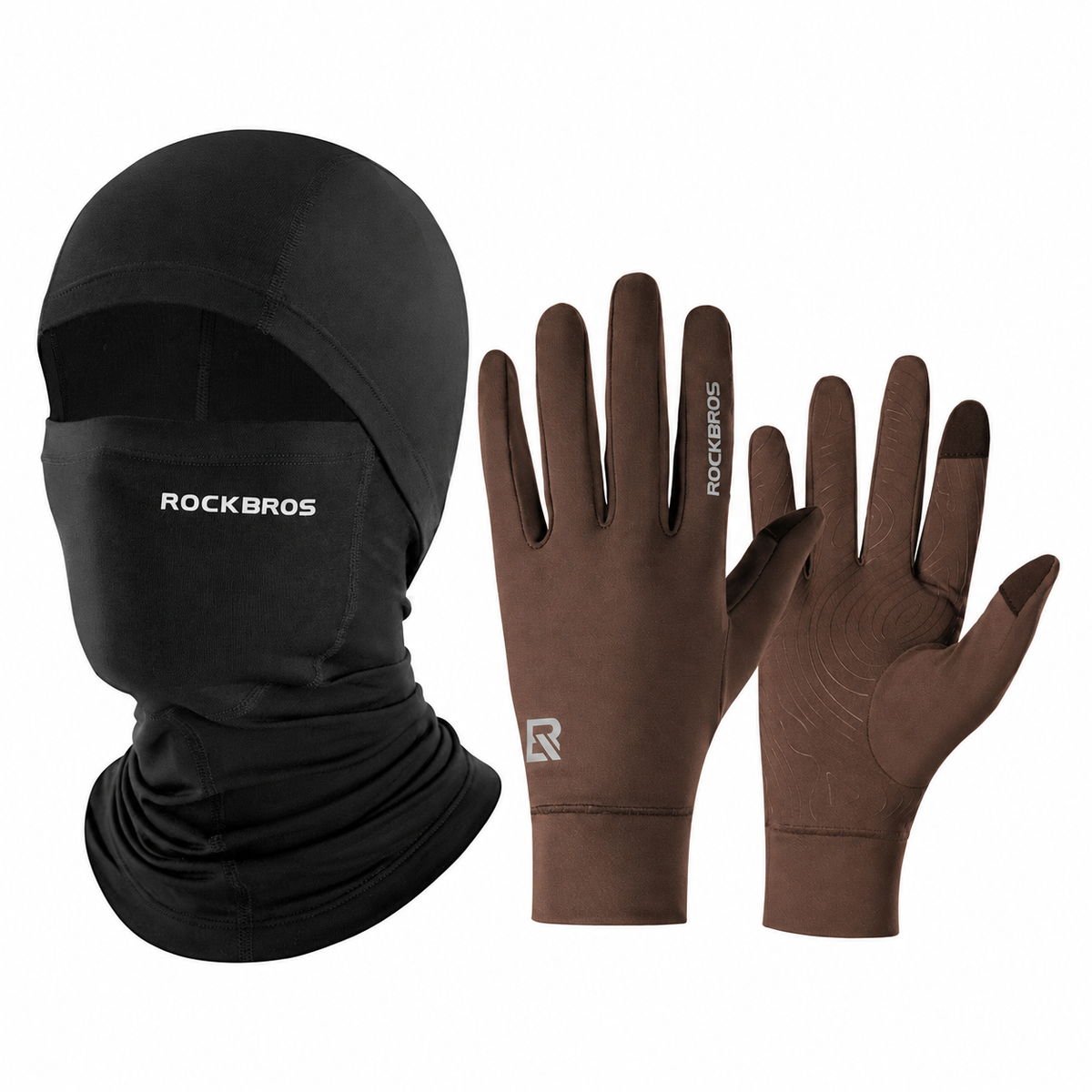 Winter cycling set with Black balaclava and Brown touchscreen gloves#Color_Black#GloveColor_Brown