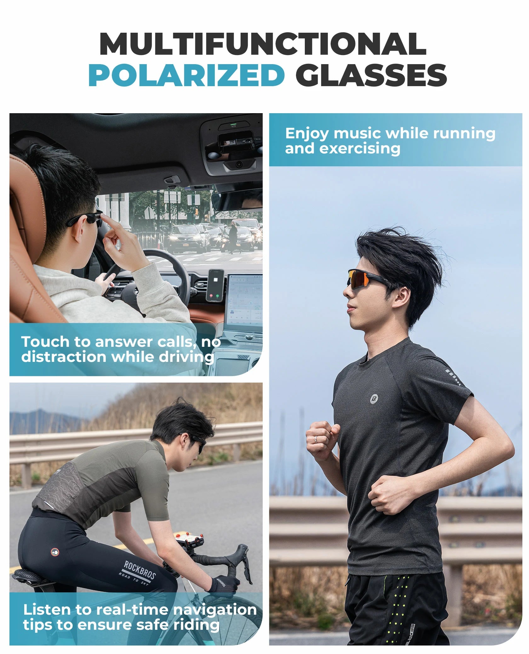ROCKBROS Bluetooth Sunglasses TAC polarized lenses with Music Speaker #Color_Black
