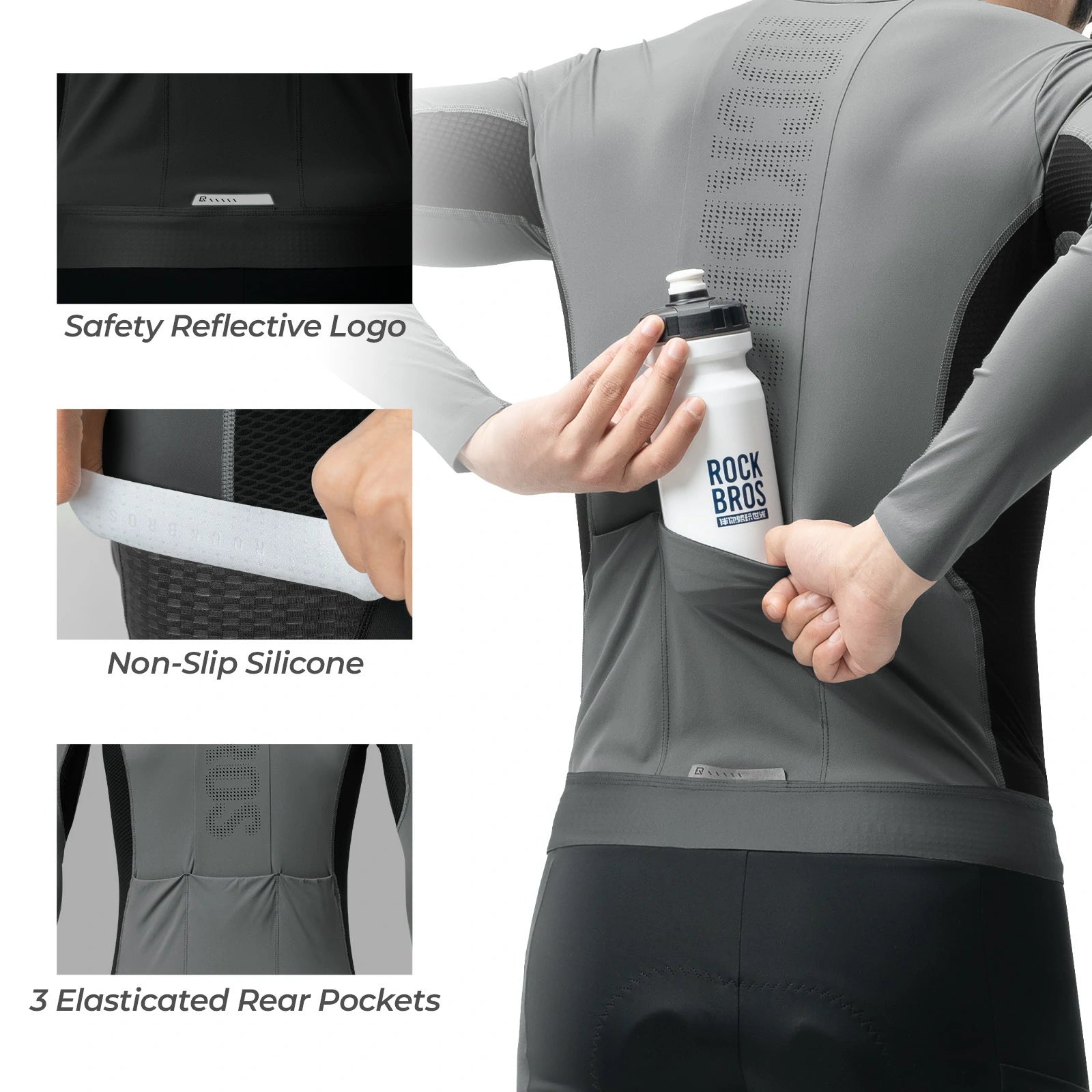 ROCKBROS cycling jersey long sleeve breathable 3 pocket#Color_Grey