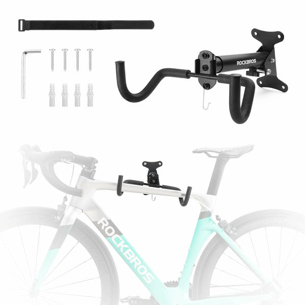 Foldable wall-mounted bike rack with double protective hooks and a 15kg load capacity, designed to save space and prevent frame scratches.
