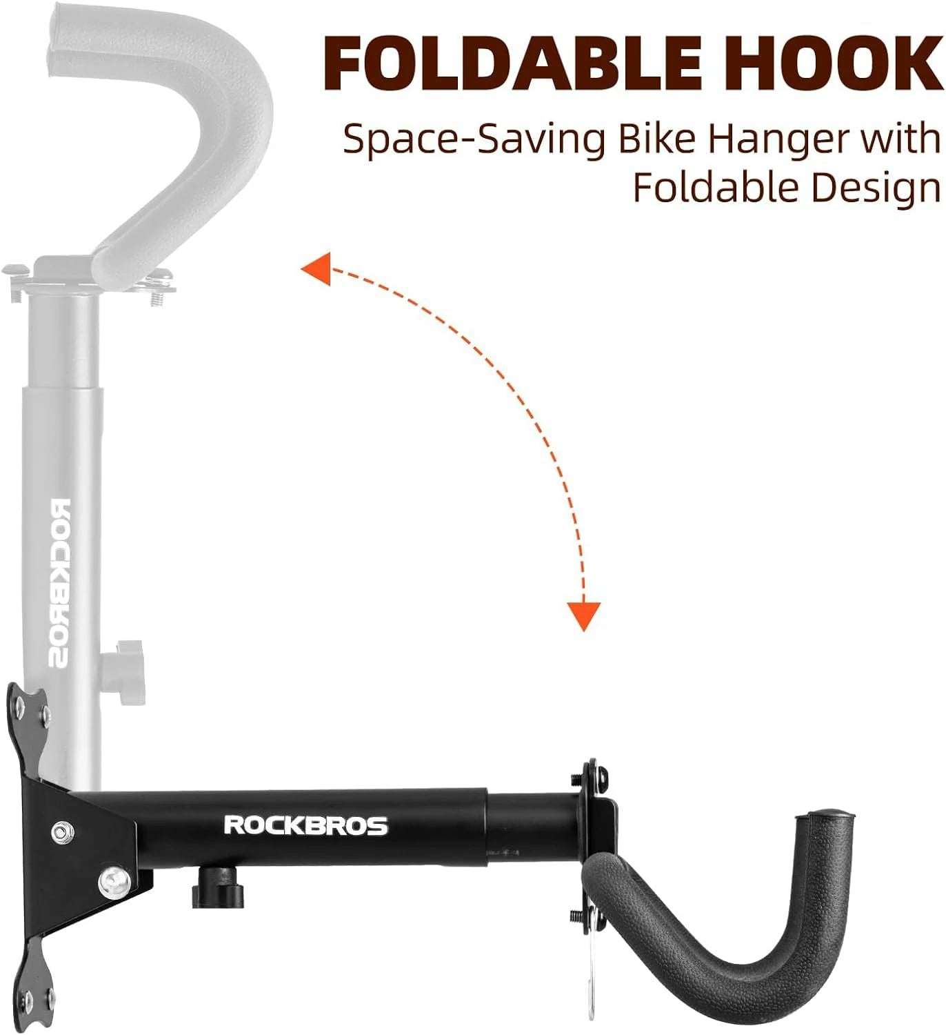 Foldable wall-mounted bike rack with double protective hooks and a 15kg load capacity, designed to save space and prevent frame scratches.