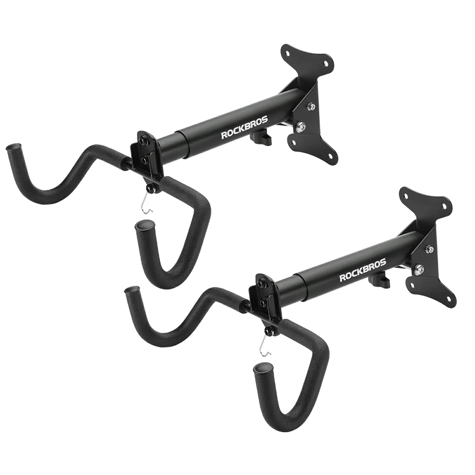 Foldable wall-mounted bike rack with double protective hooks and a 15kg load capacity, designed to save space and prevent frame scratches.