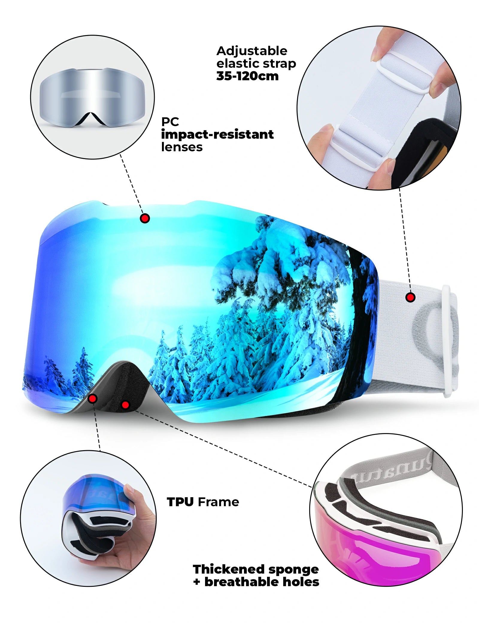 frameless ski goggles with uv400 anti-fog protection#Strap color_White