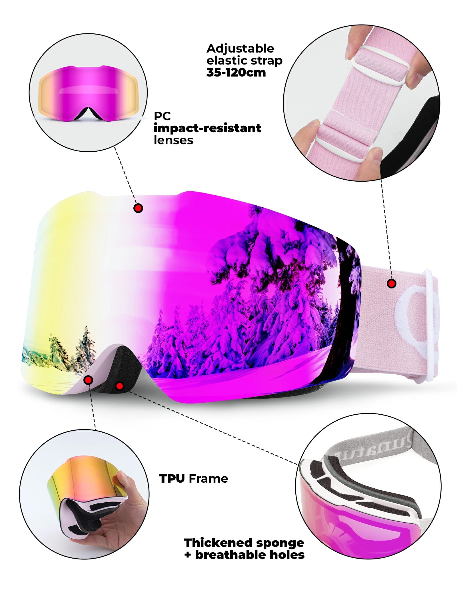 frameless ski goggles with uv400 anti-fog protection#Strap color_Pink