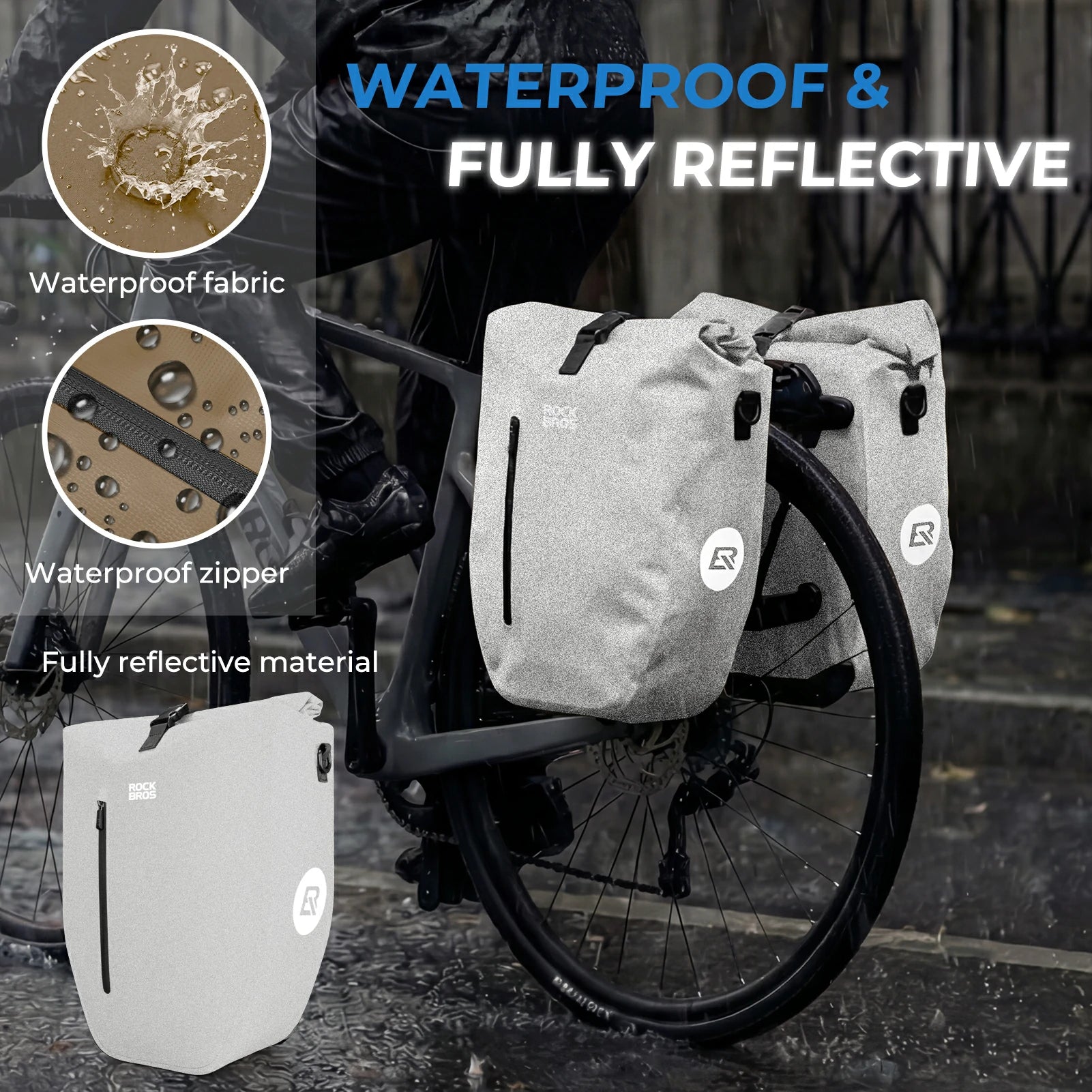 Fully waterproof bike pannier bag 20L in black#Color_Full-Reflective