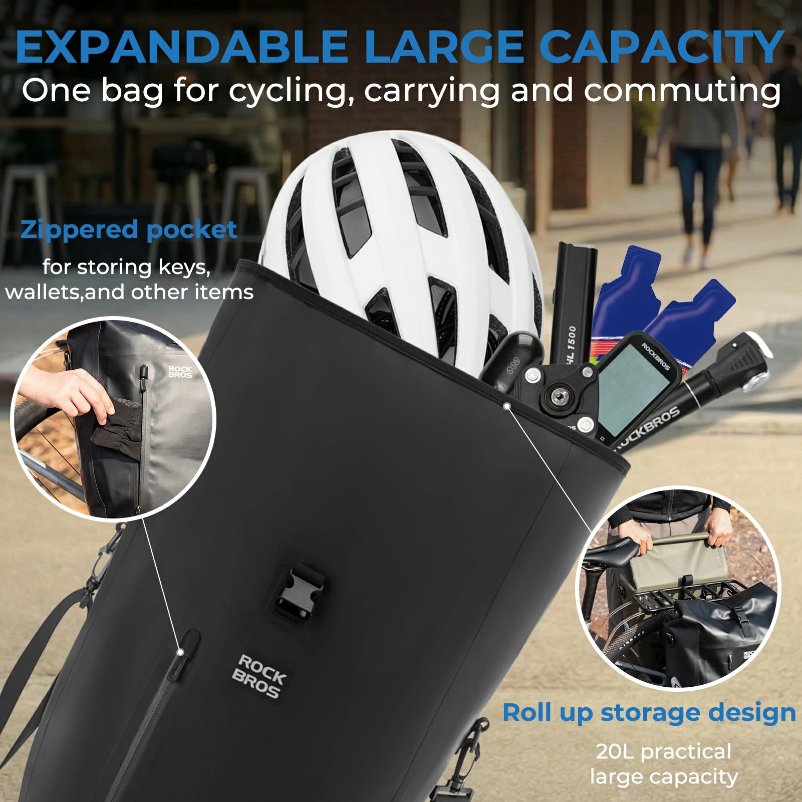 Fully waterproof bike pannier bag 20L in black#Color_black