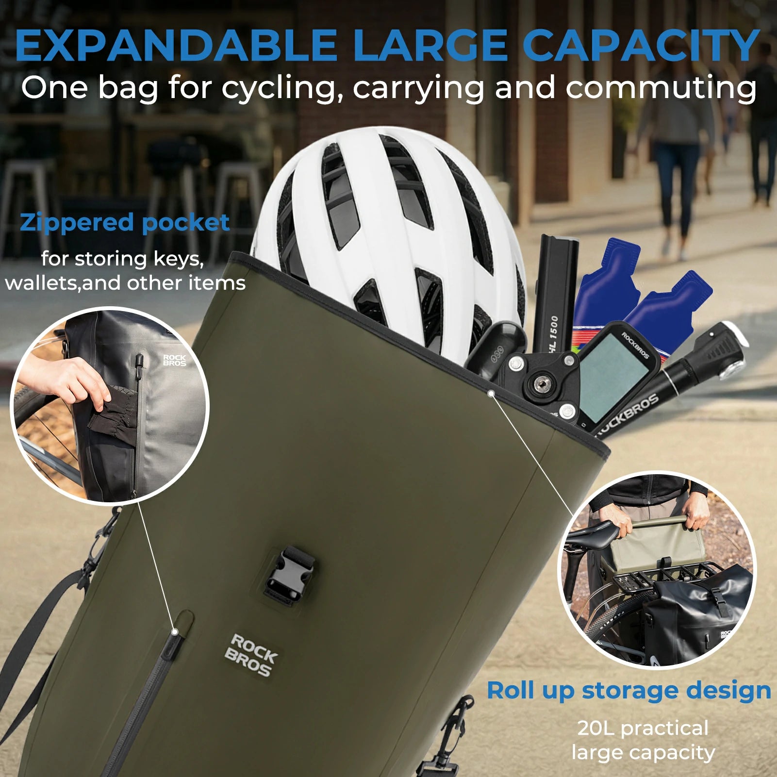 Fully waterproof bike pannier bag 20L in black#Color_Dark Green*2