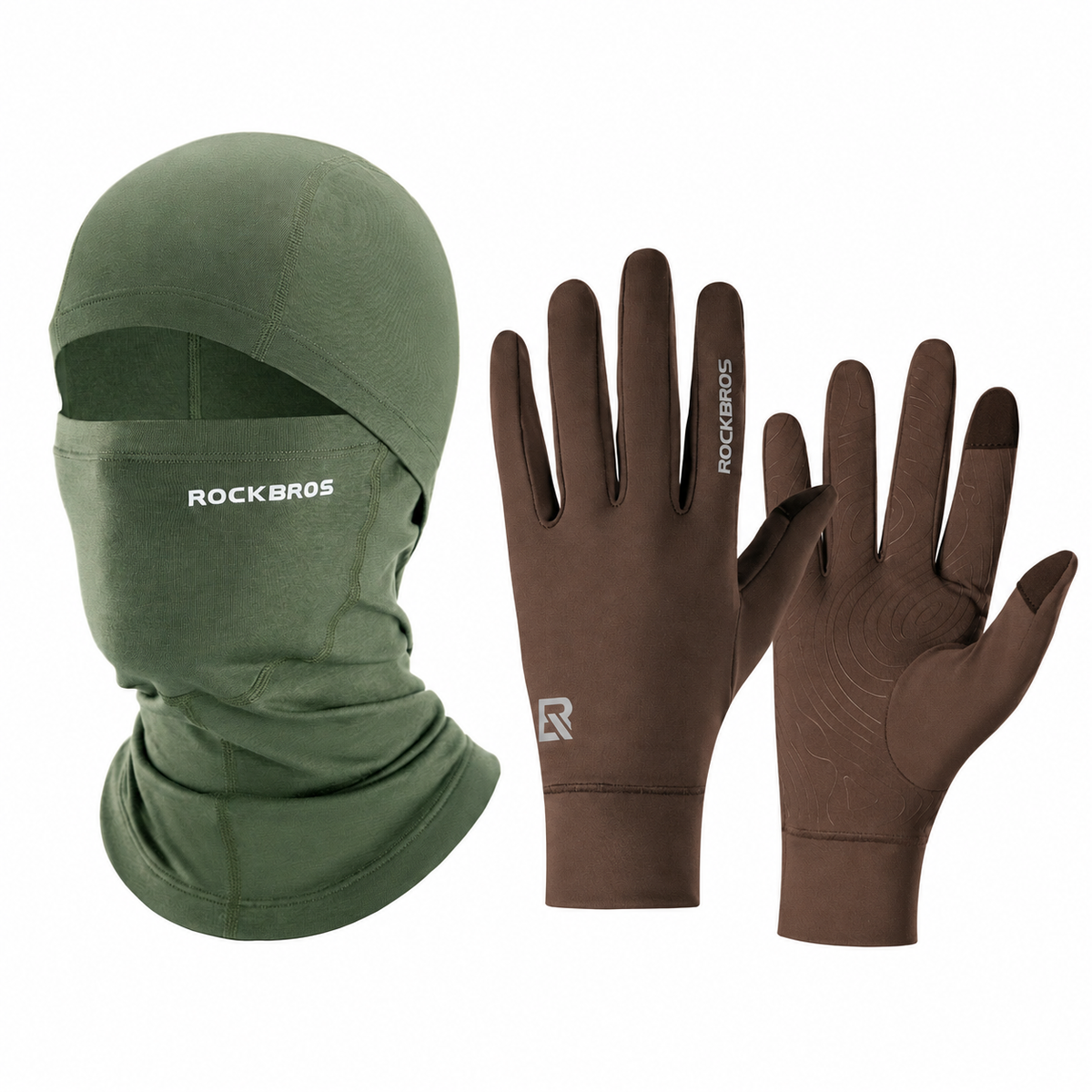 Winter cycling set with Green balaclava and Brown touchscreen gloves#Color_Green#GloveColor_Brown