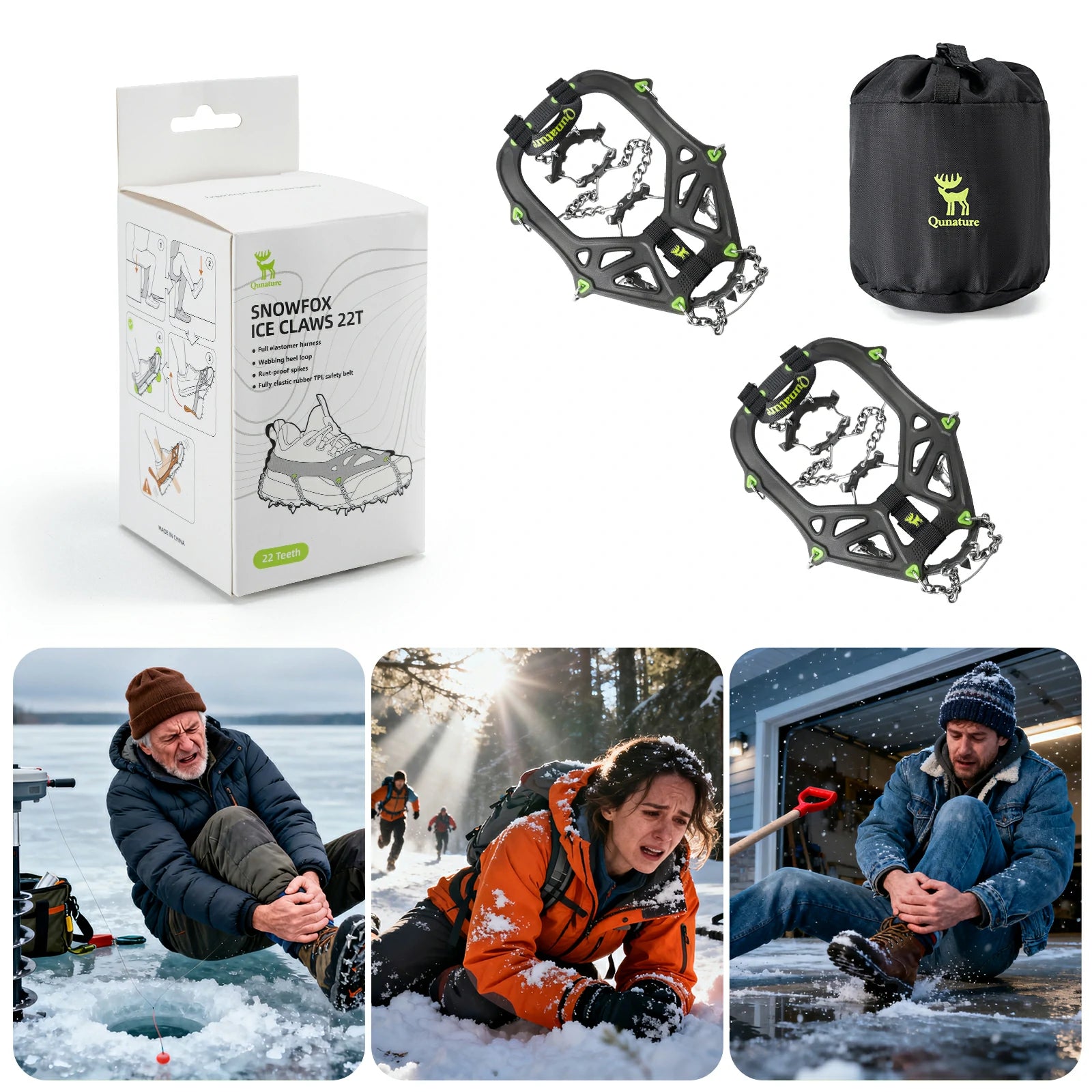 ice traction cleats with 22 stainless steel spikes for secure grip on snow and ice