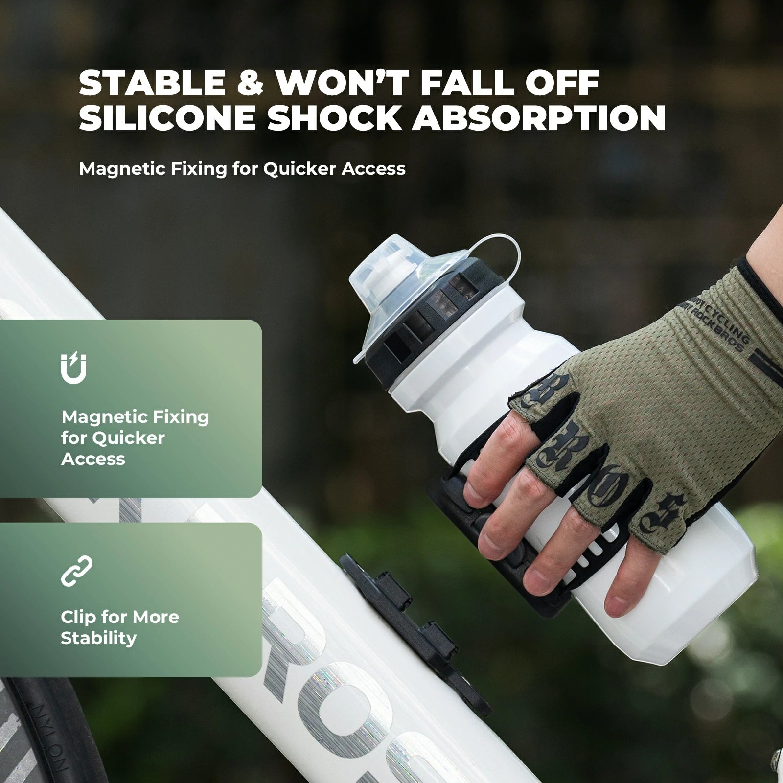 ROCKBROS magnetic strap-type bike water bottle cage, offering secure and quick access with an innovative magnetic attachment system.