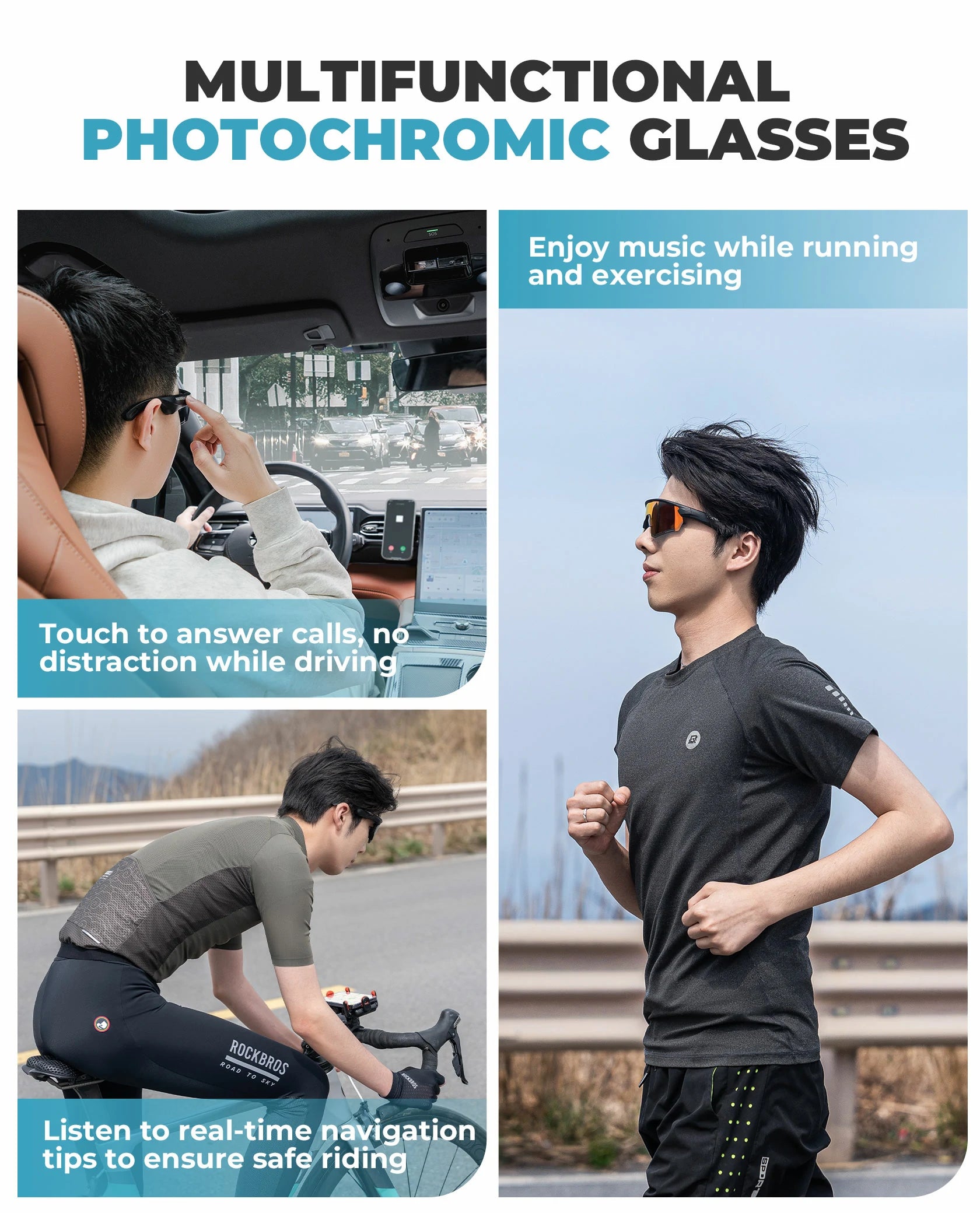ROCKBROS Bluetooth Sunglasses TAC polarized lenses with Music Speaker #Color_Photochromic