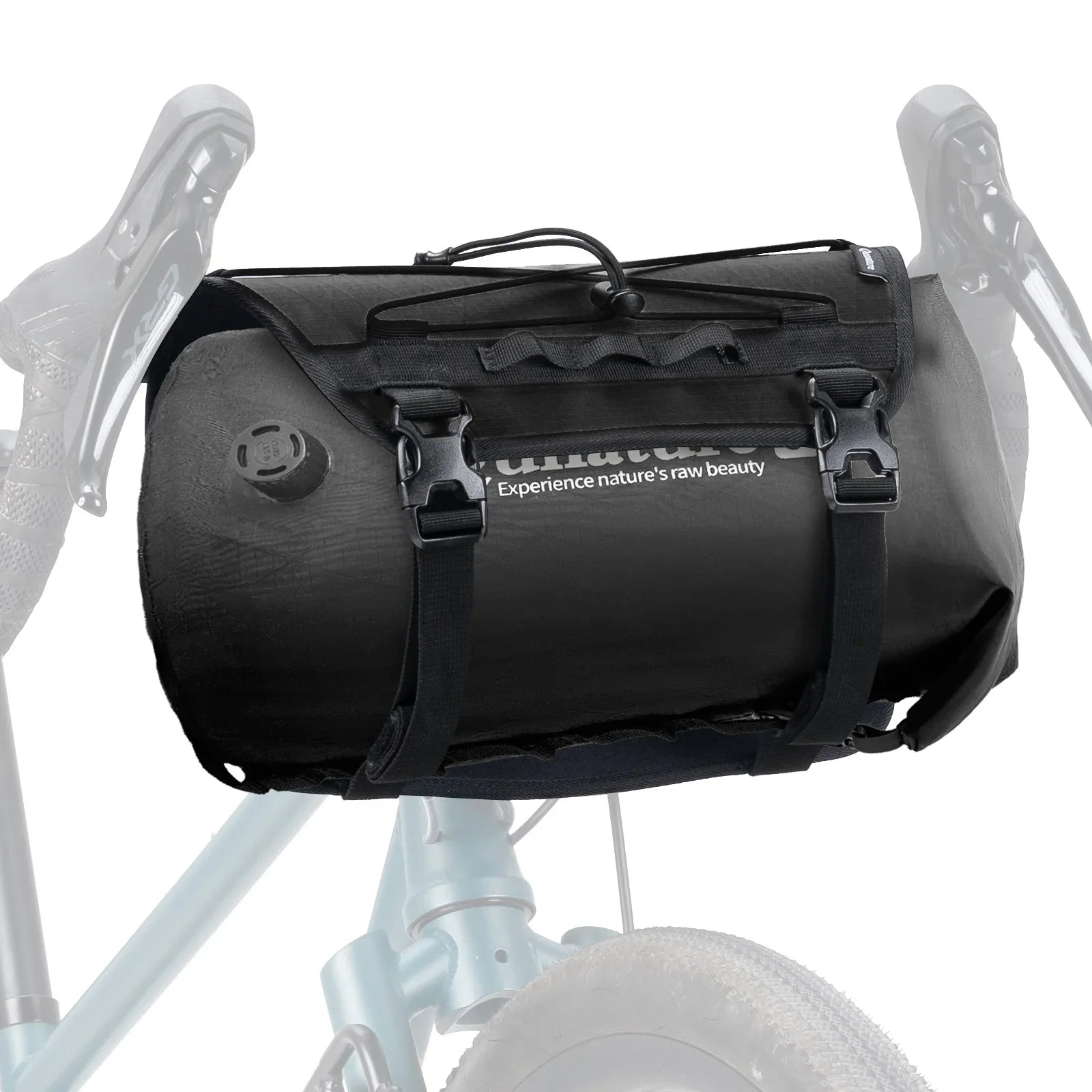 Black bike bag attached to a bicycle with a white background