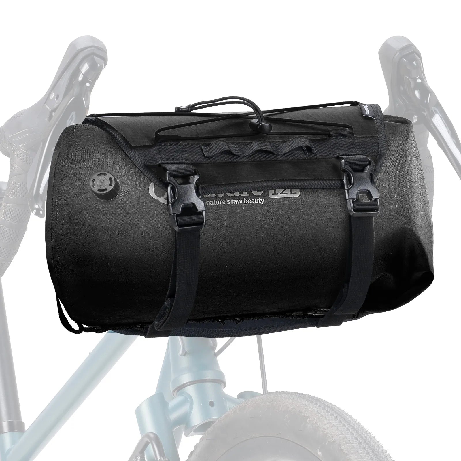 Black roll-top bag attached to a bicycle frame on a white background