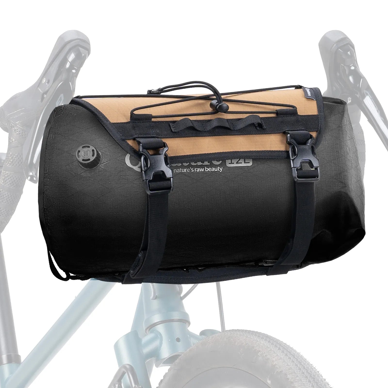 Black and beige bicycle bag attached to a bike frame on a white background