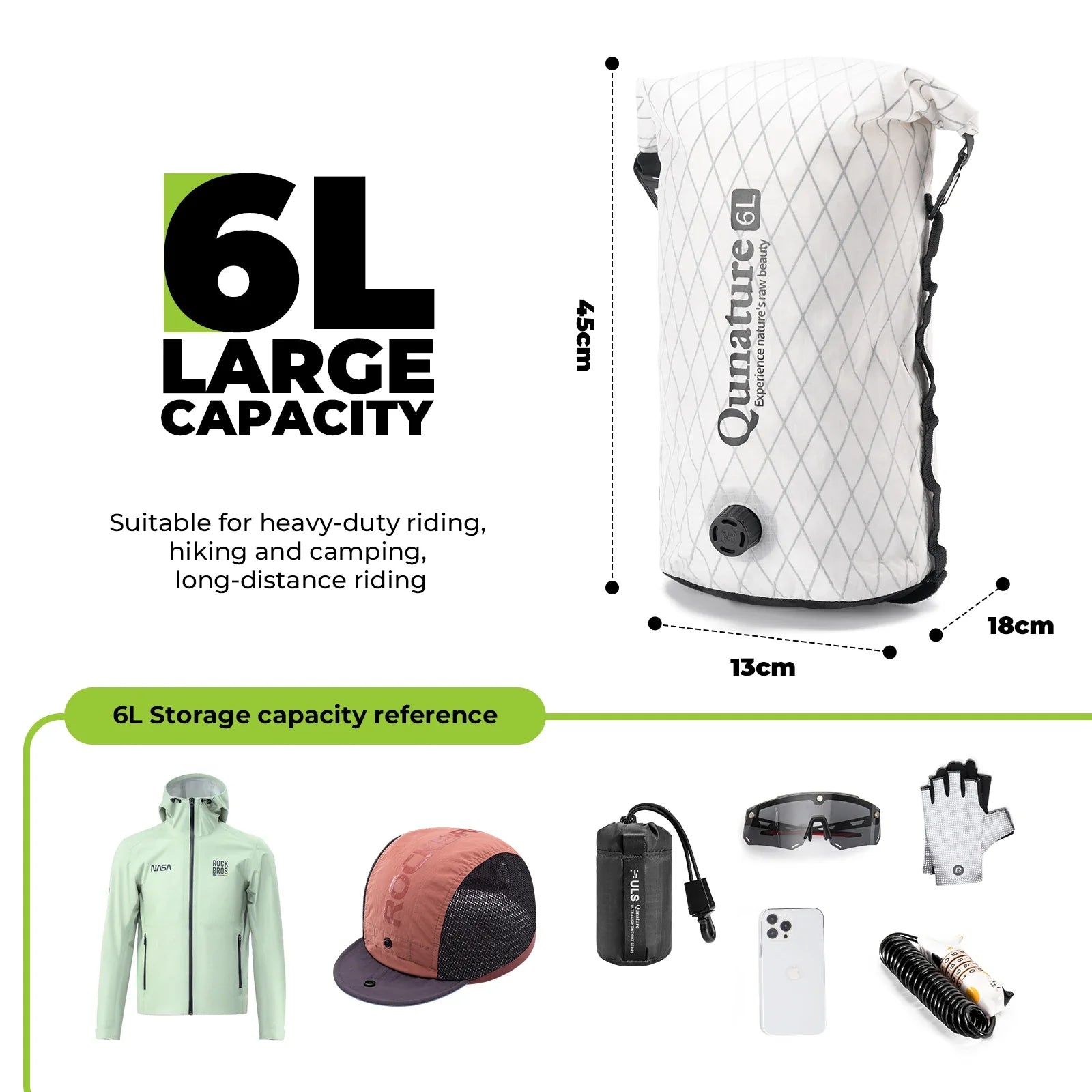 White backpack with 6L capacity label, dimensions, and reference items on a white background