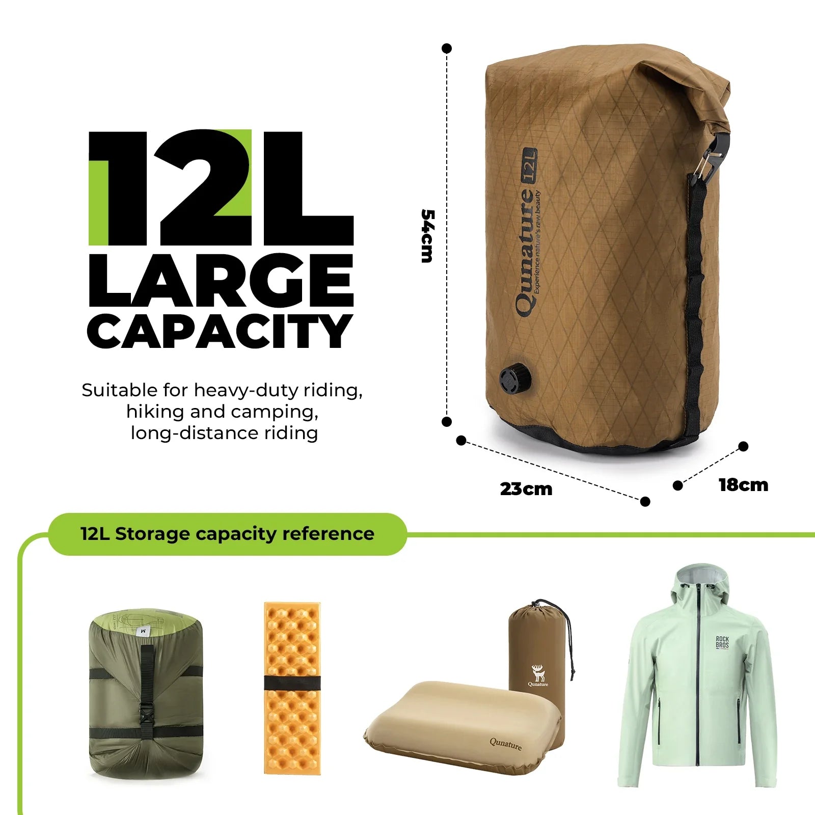 Brown bag with dimensions and capacity details, suitable for outdoor activities.