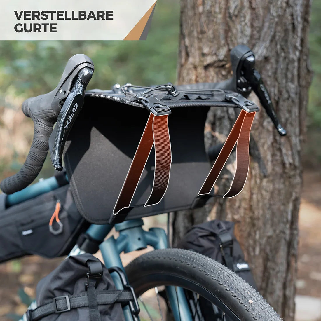 Bicycle with a black saddlebag attached to a tree, with 'VERSTELLBARE GURTE' text at the top.