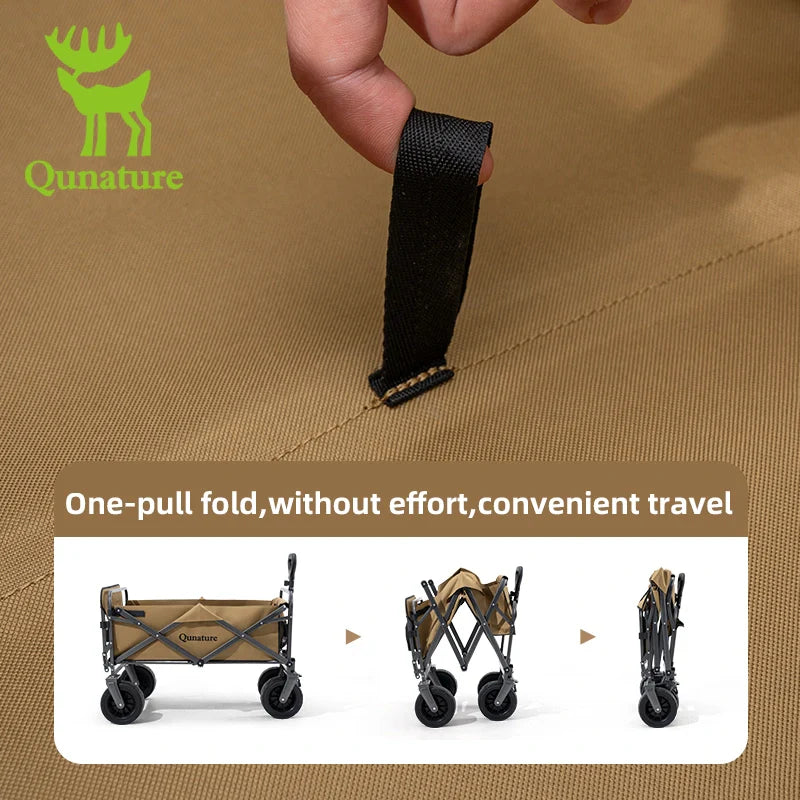Collapsible wagon with Qunature branding and text about ease of use on a brown background.