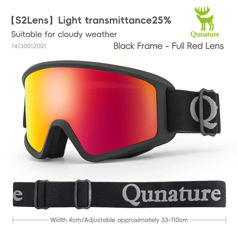 Black ski goggles with red lenses and Qunature branding on a white background#Color_Black
