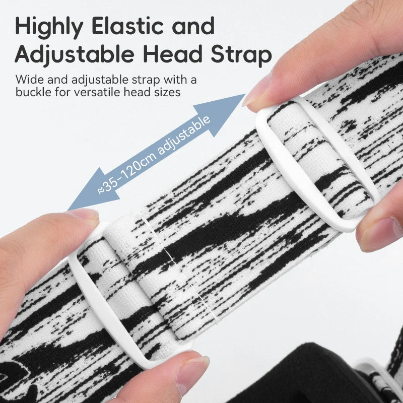 Adjustable head strap with text highlighting its features on a white background