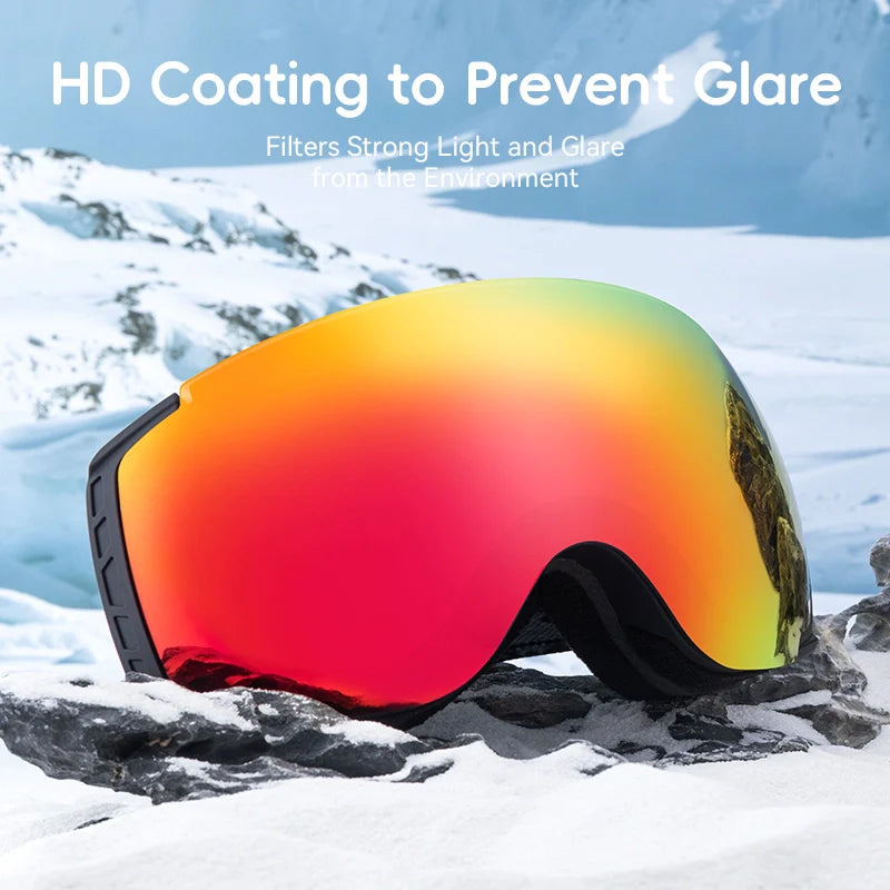 Ski goggles with colorful lens on a snowy background, emphasizing HD coating for glare reduction.