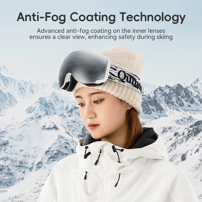 Person wearing a ski helmet with anti-fog coating technology against a mountainous background