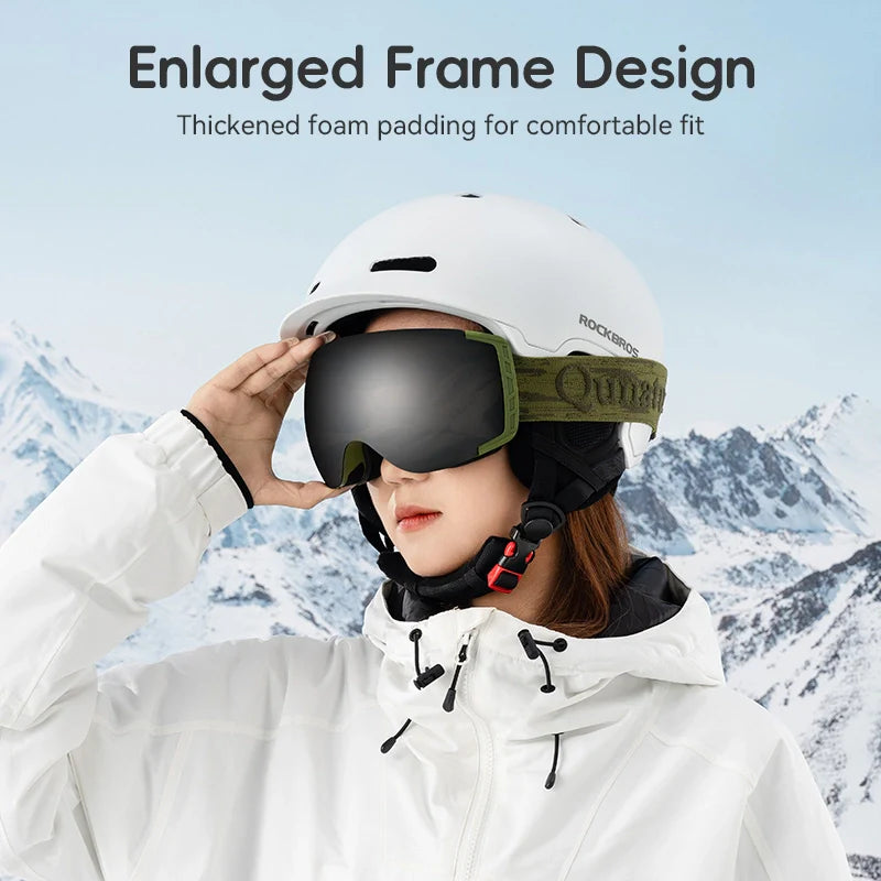 Person wearing a white helmet with goggles and a white jacket against a snowy mountain background