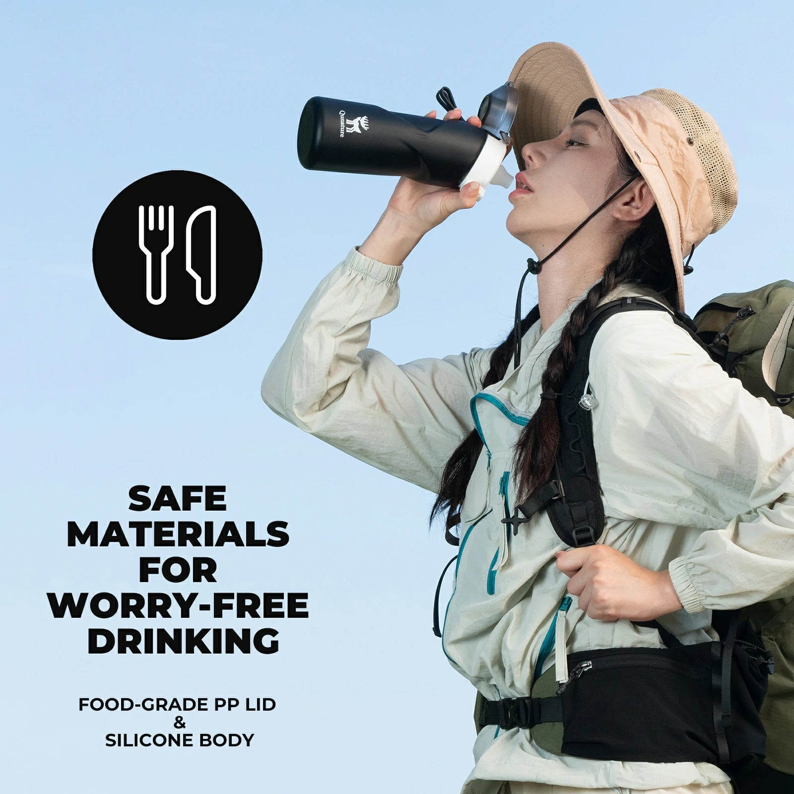 qunature 700 ml collapsible silicone water bottle #Color_Black