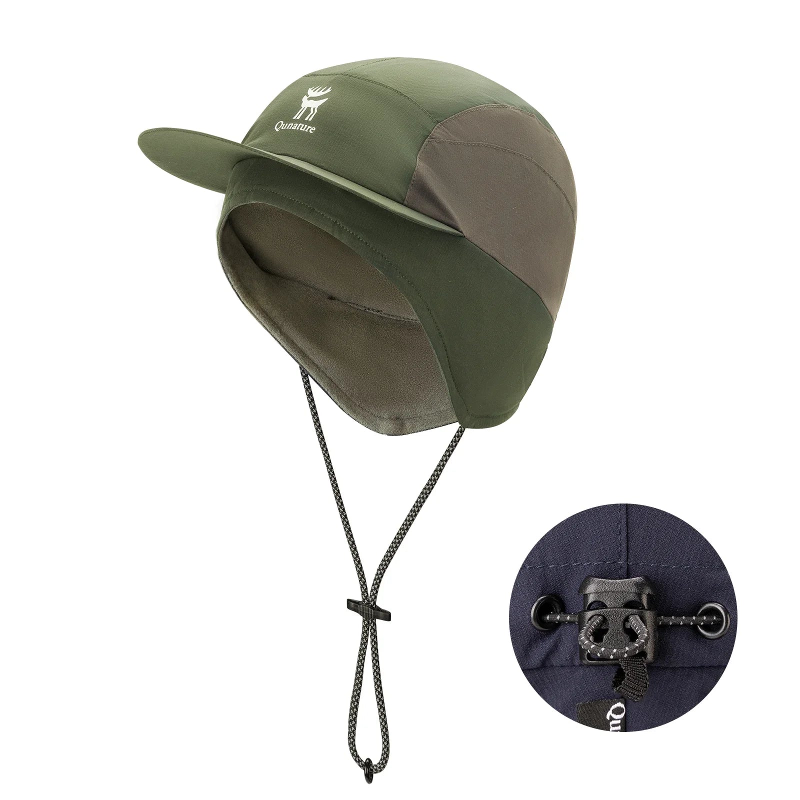 Green and brown cap with chin strap on a white background#color_green