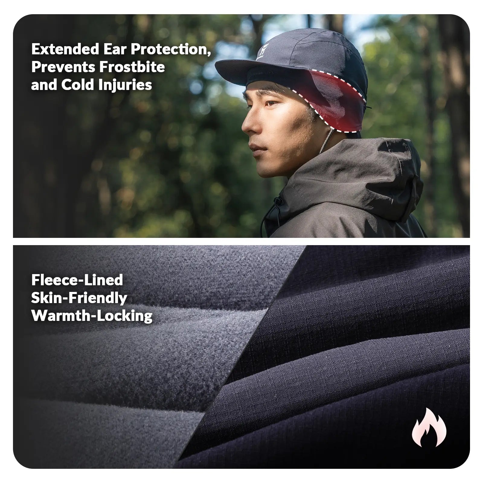 Person wearing a cap with ear protection feature, text about extended ear protection and fleece lining.