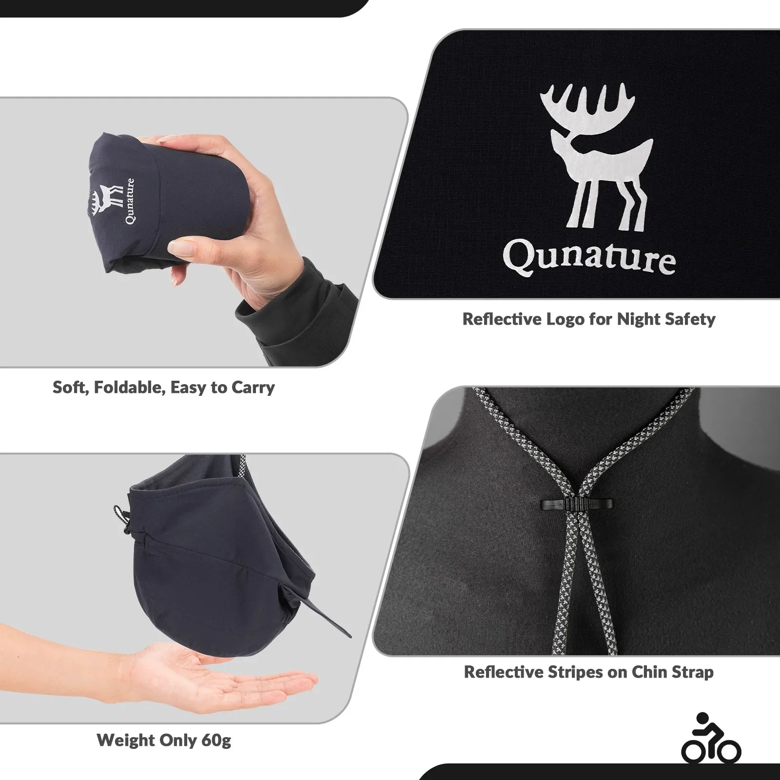 Qunature product packaging with reflective logo and chin strap, highlighting features like weight and safety.