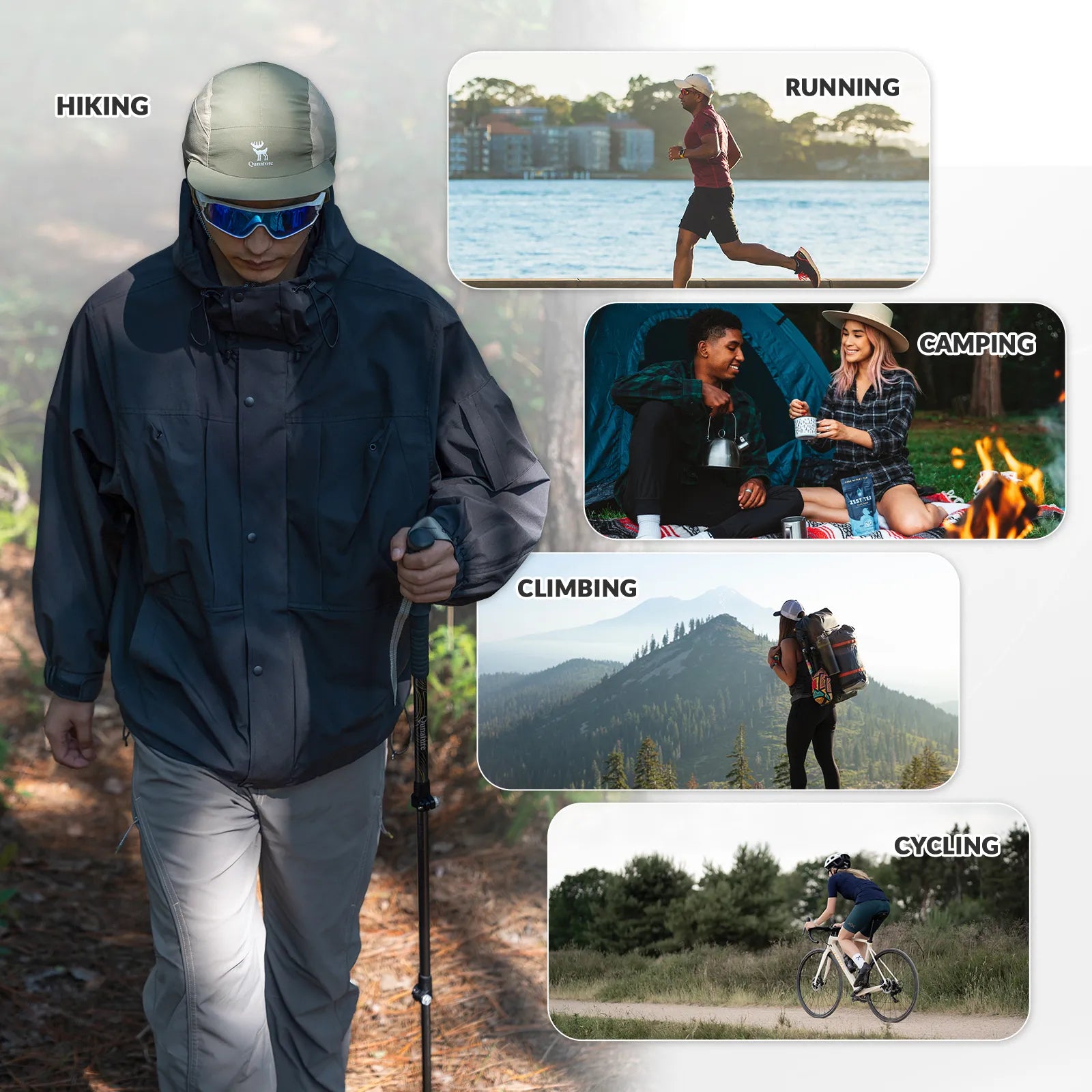 Person wearing a raincoat with various outdoor activities depicted around them.