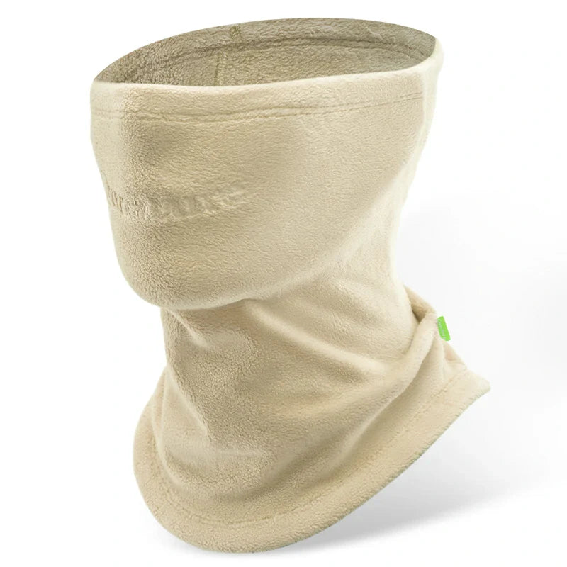 A black fleece neck gaiter with extended coverage for the face and neck, featuring a small green logo on the lower side#Color_Beige