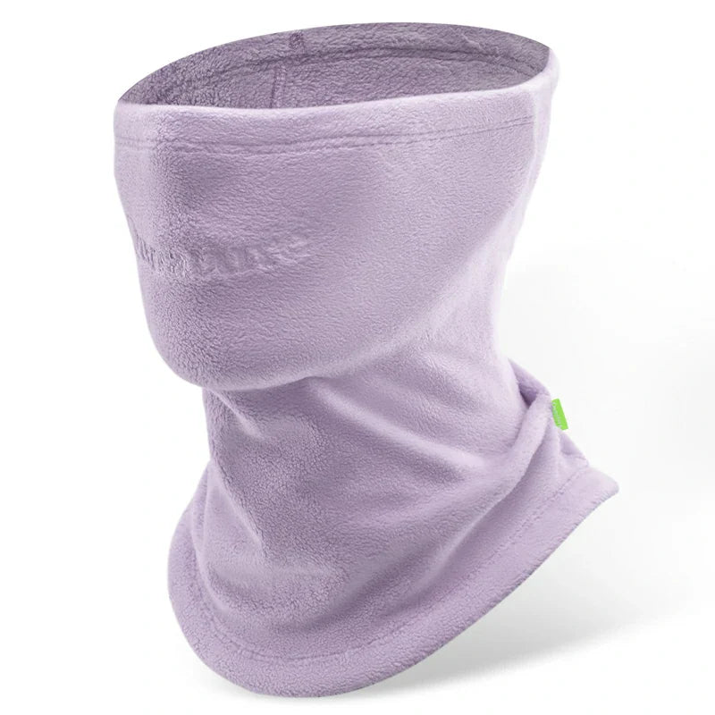 A black fleece neck gaiter with extended coverage for the face and neck, featuring a small green logo on the lower side.#Color_Purple