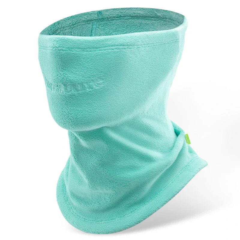 A black fleece neck gaiter with extended coverage for the face and neck, featuring a small green logo on the lower side#Color_Green
