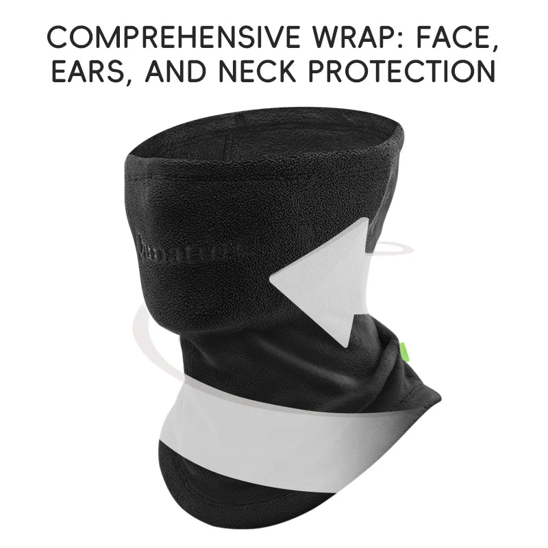 Black and gray neck gaiter with text 'Comprehensive wrap: face, ears, and neck protection' on a white background