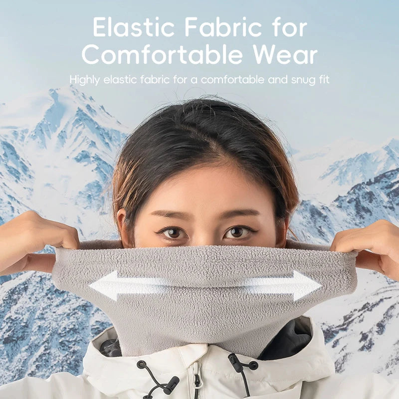 Person holding elastic fabric with mountainous background and text about comfort