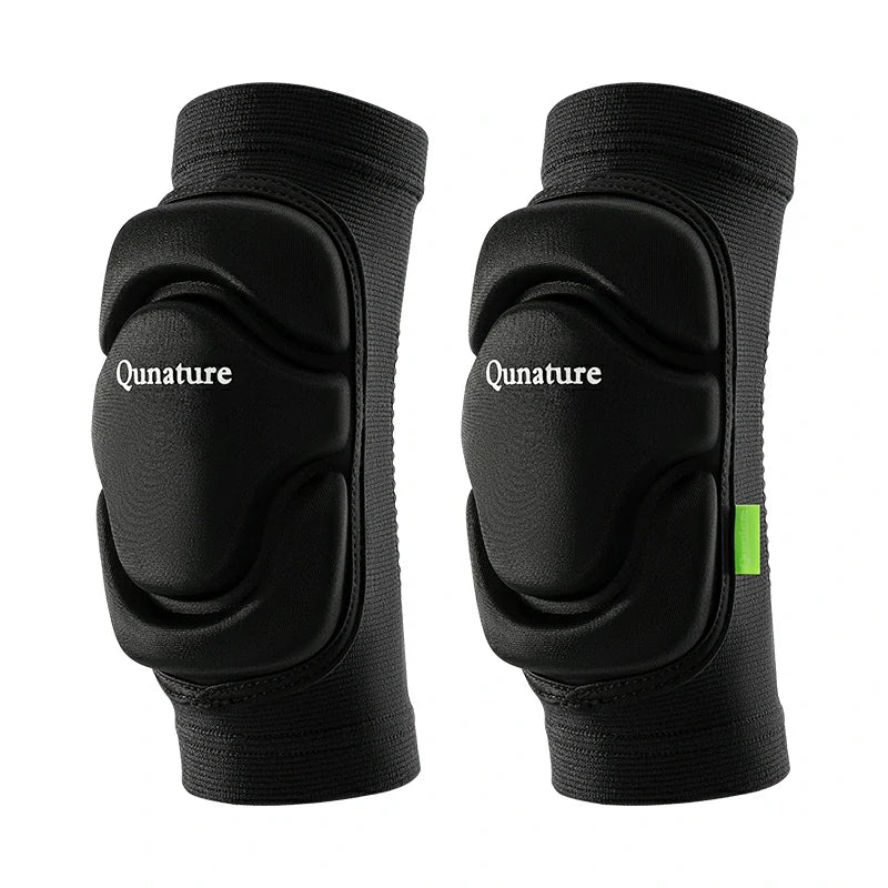 A pair of black Qunature brand elbow pads designed for sports protection, showing side and front views.