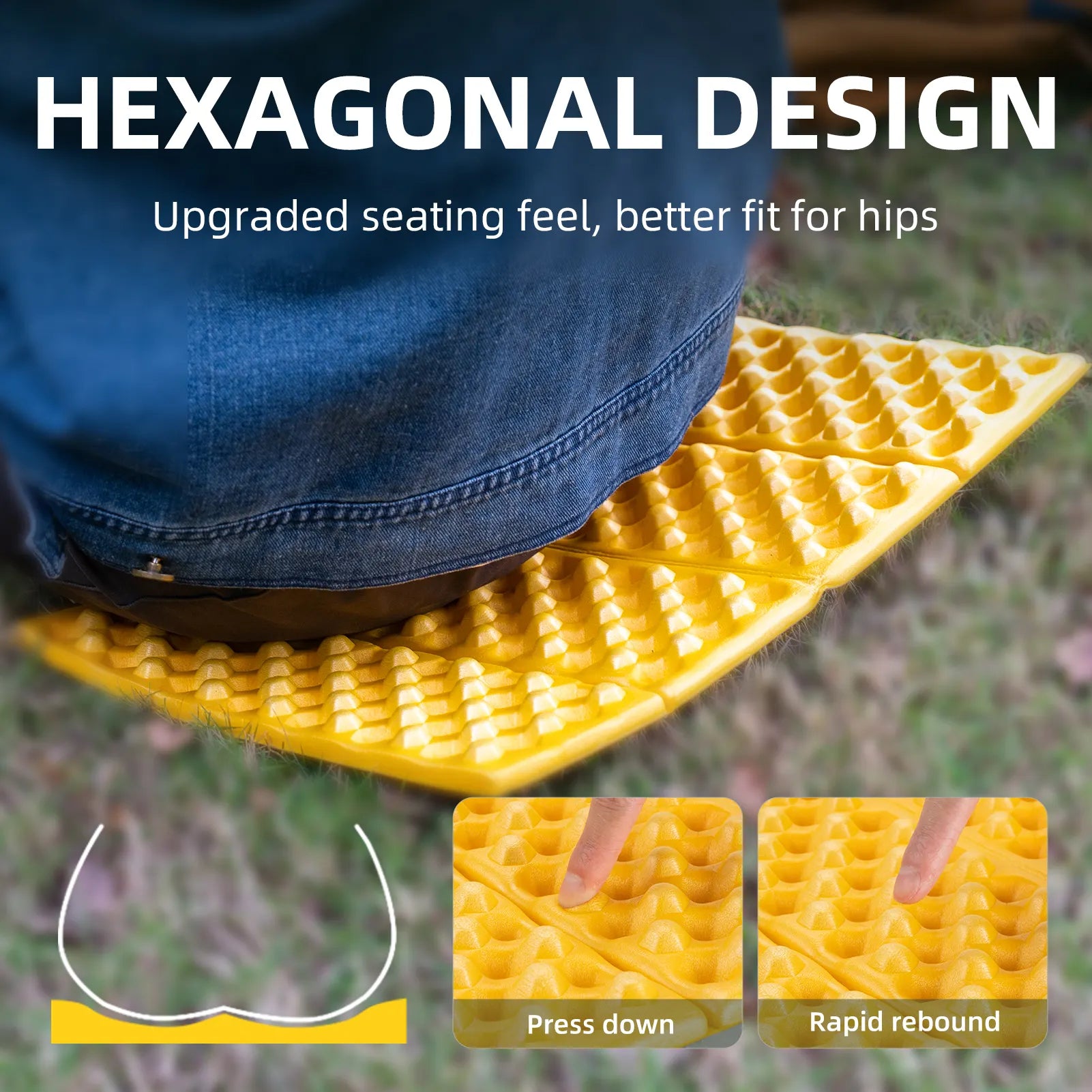 Yellow hexagonal seat mat with text highlighting its design and benefits, used by a person sitting on grass.#color_Yellow