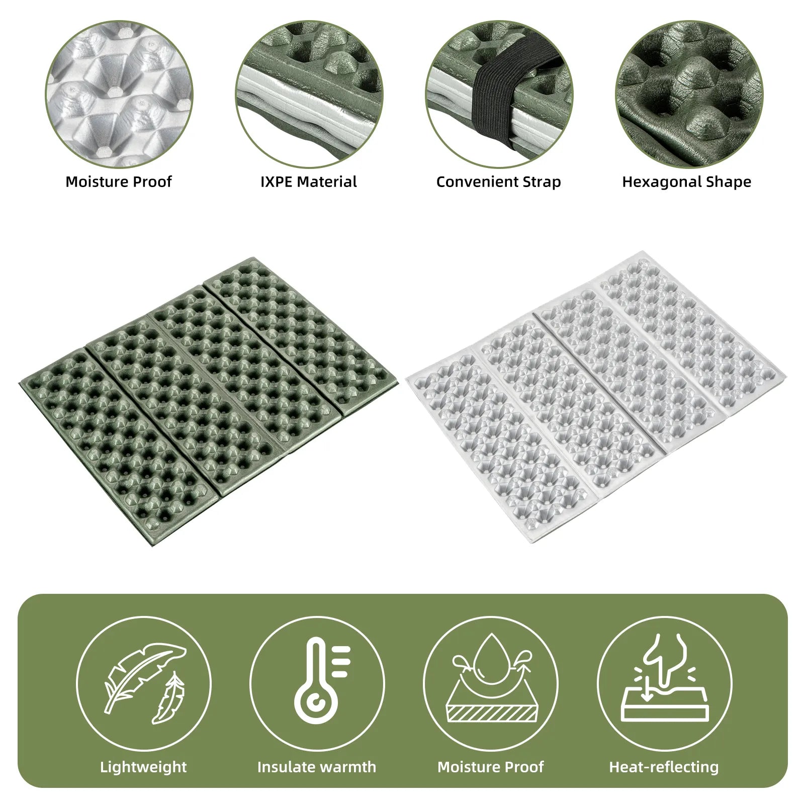 Hexagonal foam pad with features labeled on a white background#color_green