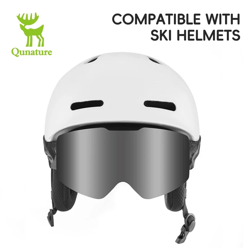 White ski helmet with visor on a white background, compatible with Qunature helmets.