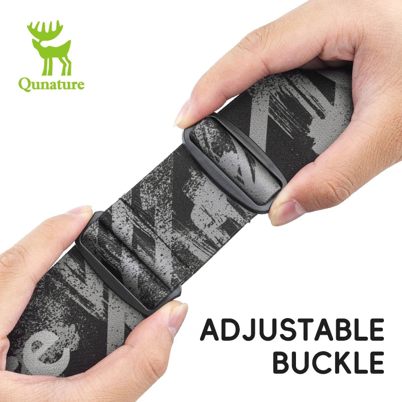 Person adjusting a black and gray patterned belt with an adjustable buckle, Qunature logo visible.