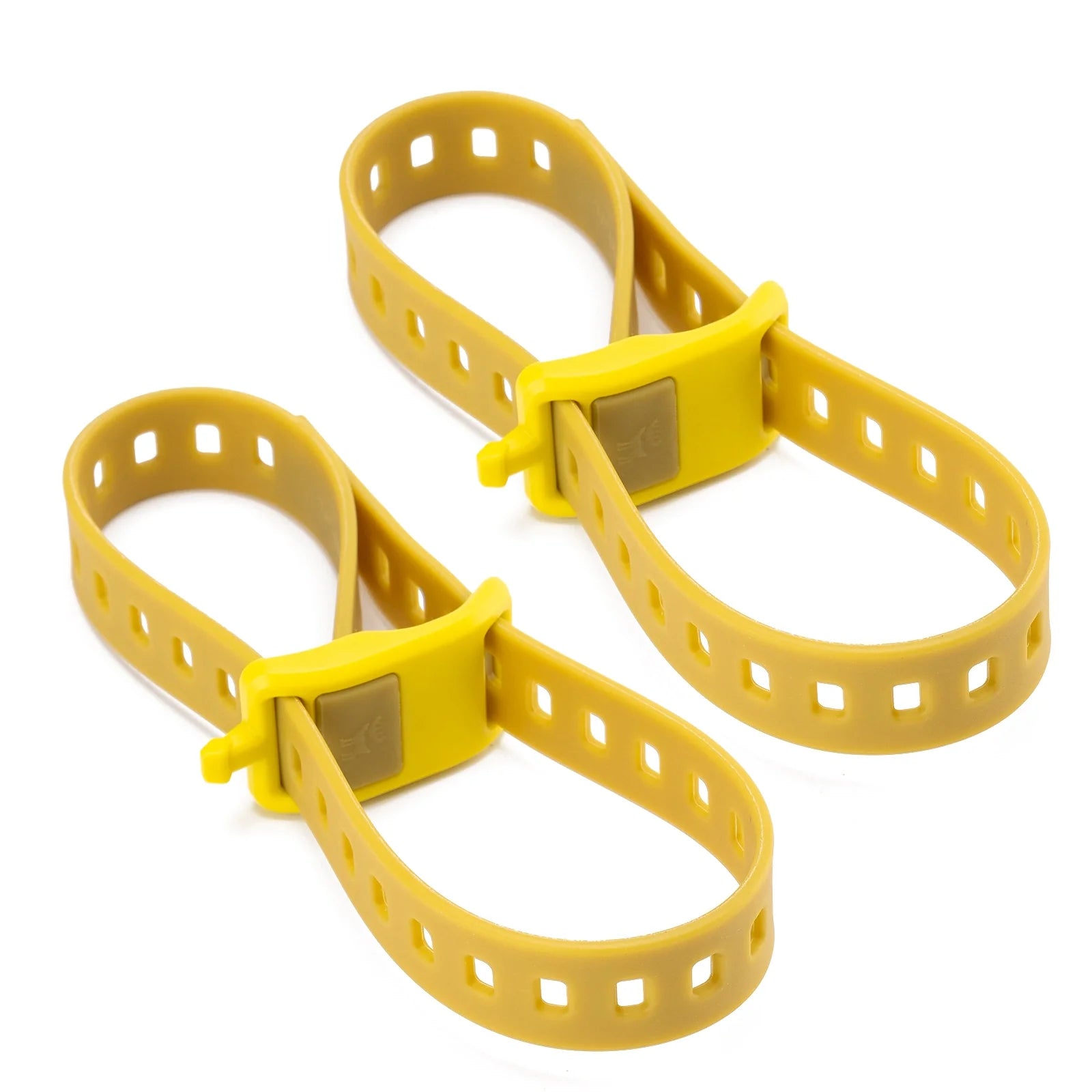 Two yellow plastic straps with metal clasps on a white background#color_yellow