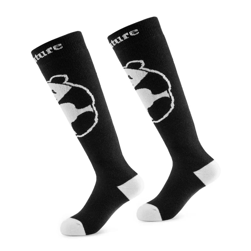 Black knee-high socks with panda design and visible brand logo on a white background#Color_Black