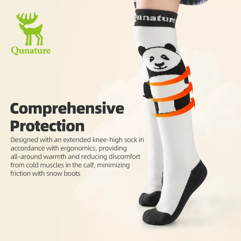 White knee-high sock with panda design and Qunature branding on a light background