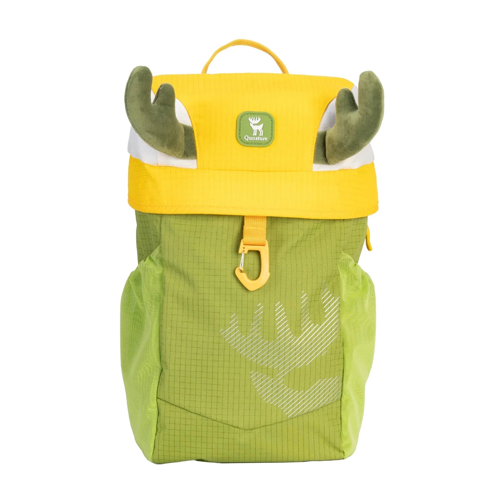 Green backpack with yellow top and antler-like decorations on a white background