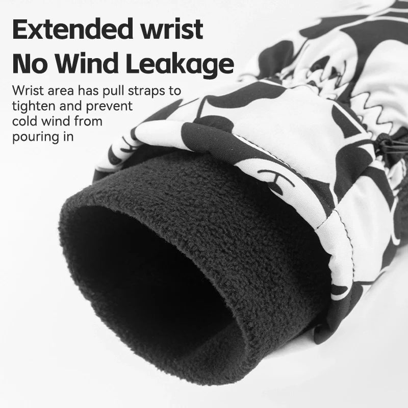 Close-up of a black and white patterned glove with text on wind leakage and wrist area design.