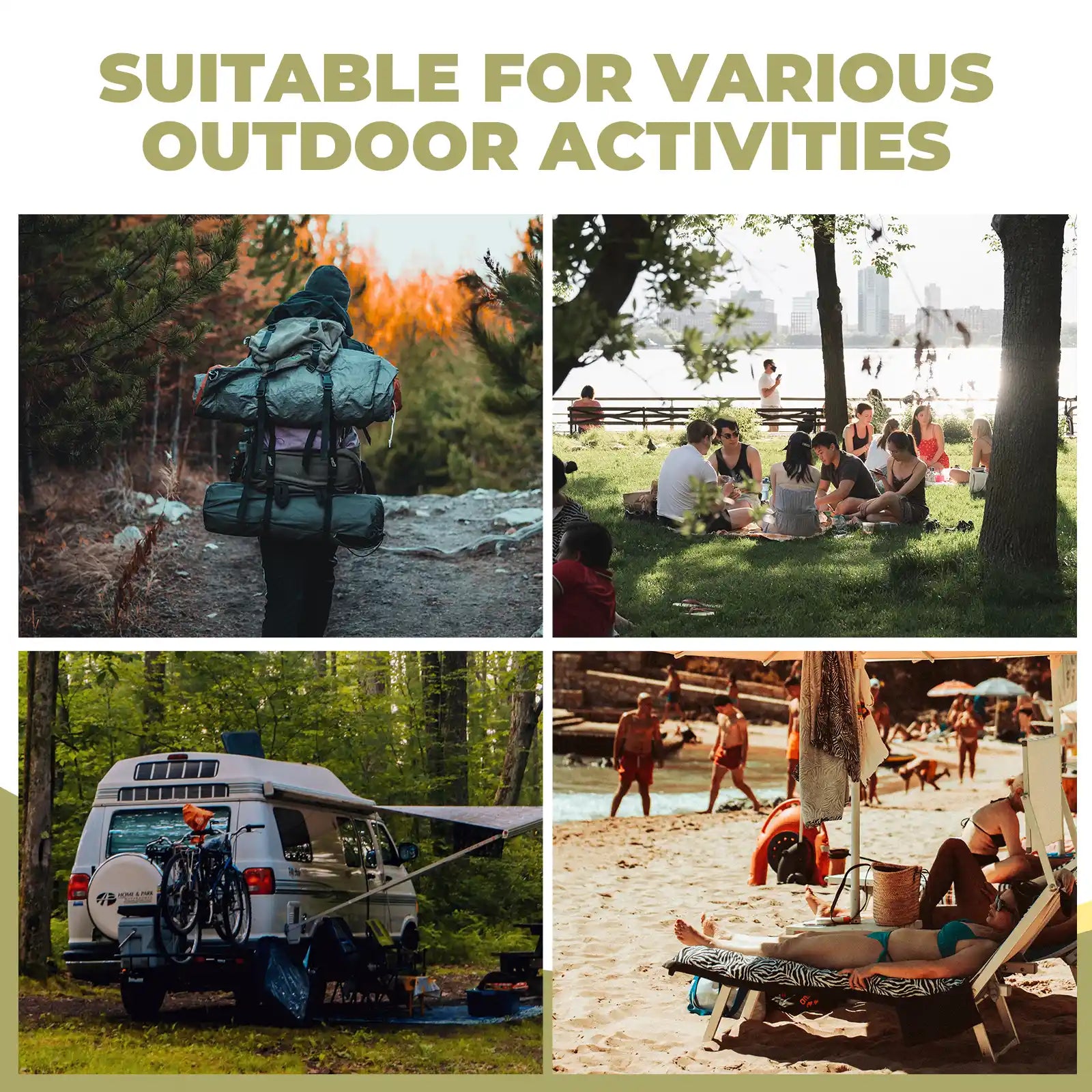 Collage of people engaging in various outdoor activities with text 'Suitable for Various Outdoor Activities'.