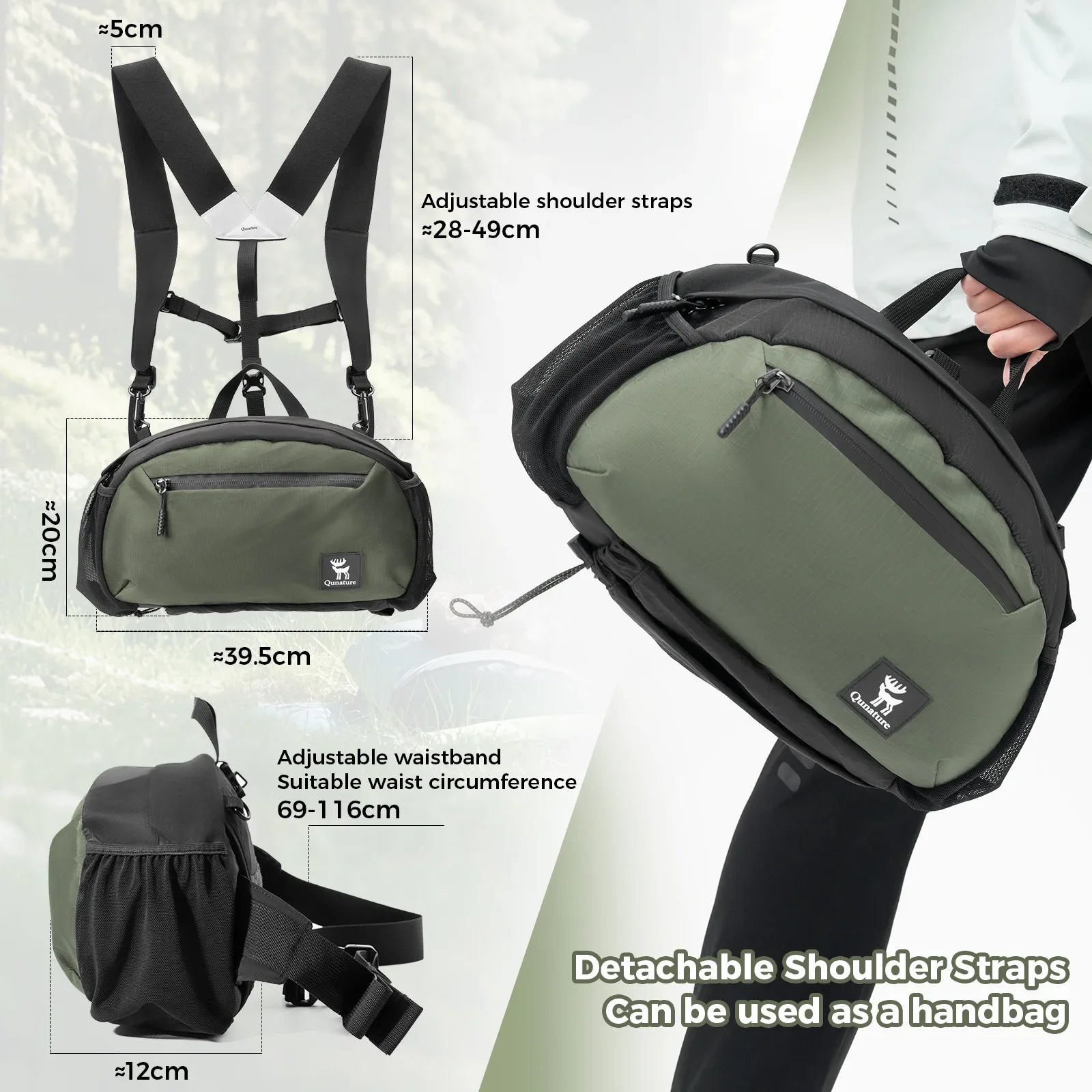 Green and black crossbody bag with adjustable straps and measurements on a white background